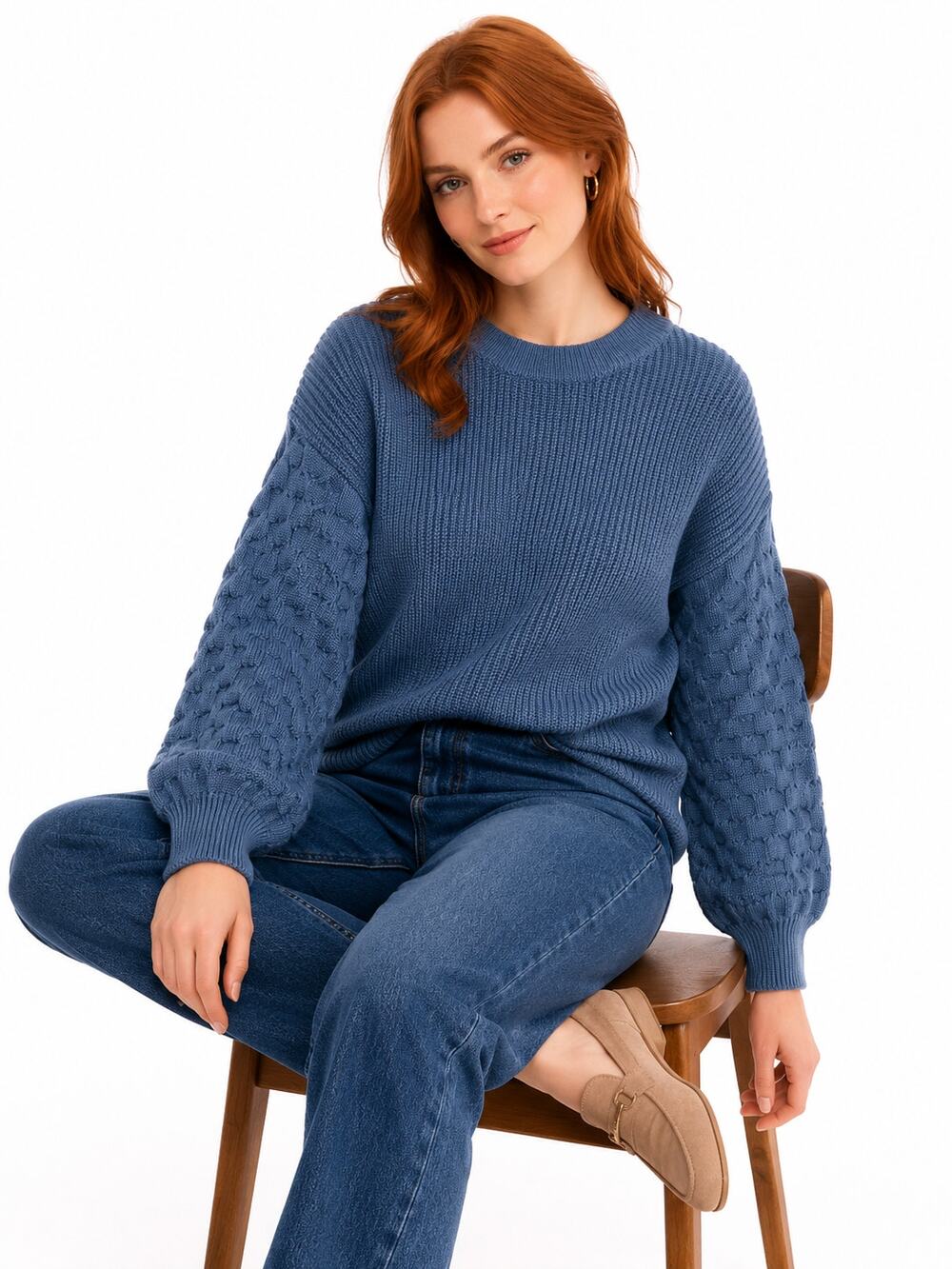 LLR142 PrettyGarden Blue Textured Knit Sweater Balloon Sleeve Crew Neck Large